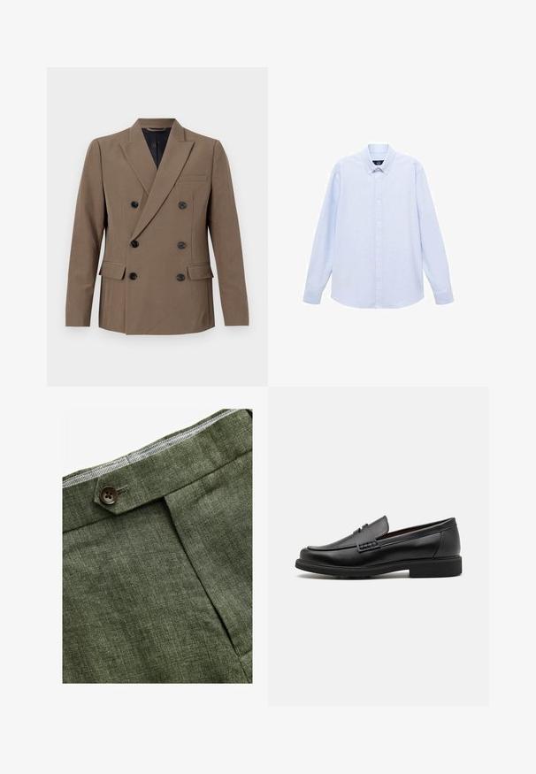 Ruskea kaksirivinenn takki, joka on valmistettu sileästä kankaasta. Takissa on mustat napit, yksi rintatasku ja näyttävät kiellet.; Vaaleansininen pitkähihainen nappipaita klassisella kauluksella, suora helma ja hienovarainen rakenne. Keskellä nappisuljenta.; Olivinvihreät pellavahousut, joissa on etupleetti, napin kiinnitys ja vyötäröllä erottuva ruudullinen vuori.; Musta keinotekoinen mokka, jossa on korostettu ommeltu etuosa, pehmeä sisäpohja ja litteä kumipohja; tyylikäs muotoilu, jossa on vähäistä yksityiskohtaisuutta.