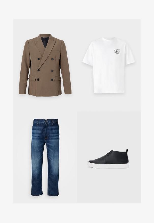 Brązowa kurtka podwójnie zapinana na guziki, wykonana z gładkiego materiału, z czarnymi guzikami, pojedynczą kieszenią na piersi i wyraźnymi klapami.; Biała bawełniana koszulka z krótkim rękawem, okrągłym dekoltem, z czarnym logo CK na lewej piersi, w standardowym kroju, o gładkiej teksturze.; Granatowe dżinsy o prostych nogawkach z delikatnym wyblaknięciem na udach i zapięciem na guzik w pasie, zaprezentowane na białym tle.; Czarne skórzane sneakersy za kostkę o gładkim wykończeniu, białej gumowej podeszwie i prostym sposobie sznurowania. Posiadają uchwyt z tyłu.