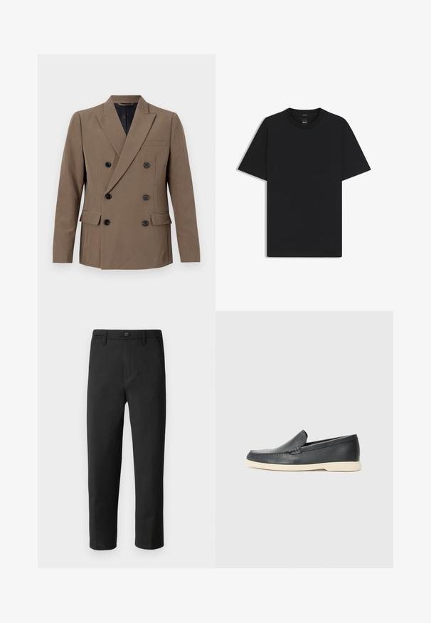 Brauner doppelbrüstiger Blazer aus glattem Stoff, mit schwarzen Knöpfen, einer einzelnen Brusttasche und auffälligen Revers.; Schwarz T-Shirt mit kurzen Ärmeln aus einem glatten Baumwollmix, mit Rundhalsausschnitt und einem minimalistischen Design ohne Muster oder Akzente.; Schwarze Hose mit geradem Schnitt, aus glattem Stoff gefertigt. Verfügt über einen Knopfverschluss und Gürtelschlaufen. Keine sichtbaren Muster oder Akzente.; Schwarze Leder-Slipper mit strukturiertem Finish und einer kontrastierenden beige Gummisohle. Mit einem dezenten Akzent an der Vorderseite.