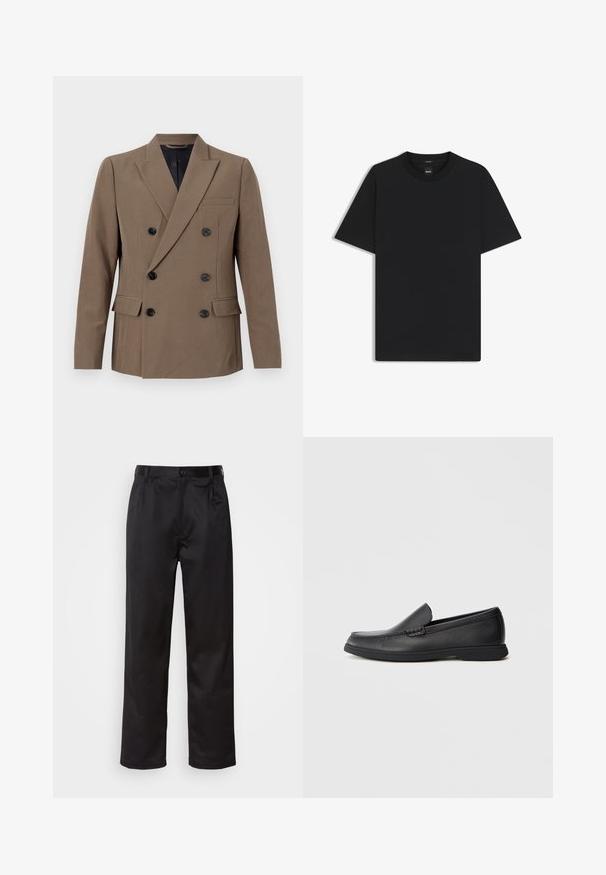 Brown double-breasted blazer made of smooth fabric, featuring black buttons, a single chest pocket, and prominent lapels.; Black short-sleeve T-shirt made from a smooth cotton blend, featuring a crew neckline and a minimalistic design with no patterns or accents.; Black trousers made of smooth fabric, featuring a front button closure, pleats, and straight legs. No visible patterns or accents.; Black leather slip-on loafer with textured upper, rounded toe, low heel, and rubber sole, shown in side profile on white background.