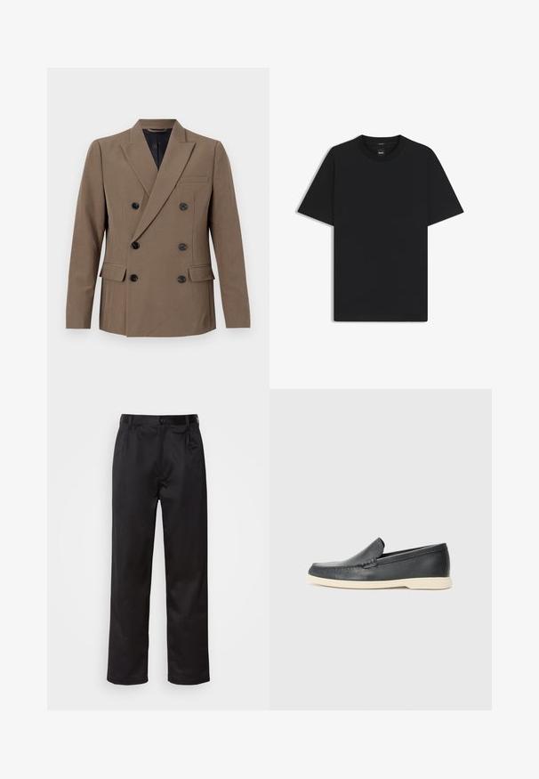 Ruskea kaksirivinenn takki, joka on valmistettu sileästä kankaasta. Takissa on mustat napit, yksi rintatasku ja näyttävät kiellet.; Musta lyhythiha T-paita, joka on valmistettu sileästä puuvillasekoitteesta. Paita on varustettu pyöreällä pääntiehen ja siinä on minimaalinen muotoilu ilman kuvioita tai yksityiskohtia.; Musta housut sileästä kankaasta, joissa on etupainike, laskokset ja suorat lahkeet. Ei näkyviä kuvioita tai korostuksia.; Mustat nahkakengät ilman nauhoja, joissa on teksturoitu pinta ja kontrastoiva beige kumipohja. Kengissä on hillitty yksityiskohta etuosassa.