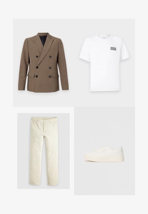 Brun dobbeltradet blazer lavet af glat stof, med sorte knapper, en enkelt brystlomme og markante revers.; Hvid bomulds t-shirt, korte ærmer, rund hals. Har et sort tekstlogo "JACK & JONES" på venstre brystområde. Enkelt, ensartet design.; Lys beige løstsiddende bukser med tre lommer, bæltestropper og lige ben. Fremstillet af et blødt bomuldsblandingsstof.; Hvide slip-on sneakers med en struktureret overflade, en tyk sål og et minimalistisk design. Har brandlogoet på siden.
