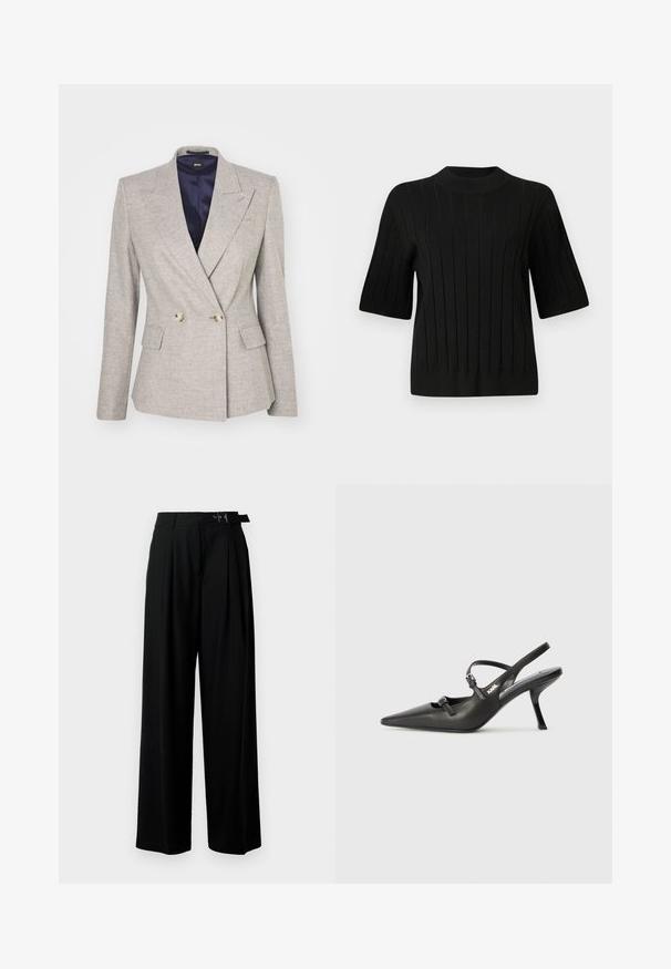 BOSS JIA - Sacou - open grey; Pulover scurt negru cu mânecă scurtă, cu textură ribbed și guler înalt, având dungi verticale și o siluetă ajustată.; Pantaloni negri cu croi larg, talie înaltă, pliuri în față și un b μέρος cu cataramă. Confecționați dintr-un material neted și ușor.; Pantofi cu toc slingback din piele neagră, cu vârful ascuțit, toc subțire și detaliu decorativ cu cataramă pe partea din față. Textură netedă și design elegant.