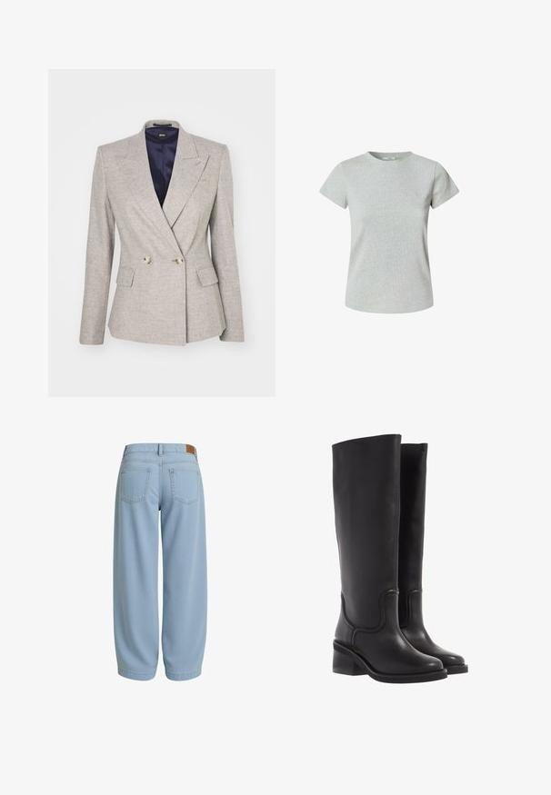 BOSS JIA - Blazer - open grey; Maglietta in cotone grigia con maniche corte e scollatura rotonda. Tessuto liscio, vestibilità classica e nessun motivo o decorazione visibile.; Pantaloni in denim azzurro chiaro con una vestibilità aderente, dotati di due tasche posteriori, una vita con una toppa in pelle marrone e polsini affusolati.; Stivali neri in pelle al ginocchio con una texture liscia, punta arrotondata e tacco spesso. Presentano una cucitura sottile e un design elegante.