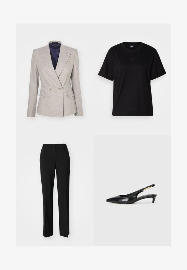 BOSS JIA - Blazer - open grey; T-shirt en coton noir avec un col rond, des manches courtes et un logo brodé sur la poitrine. Coupe simple et décontractée sans motifs.; Pantalon noir ajusté avec une coupe droite, présentant une texture lisse et des plis nets sur le devant. Aucune quincaillerie visible.; Talons hauts en cuir noir avec un bout pointu, dotés d'un talon fin et d'un accent en ton or sur la lanière réglable. Texture lisse.