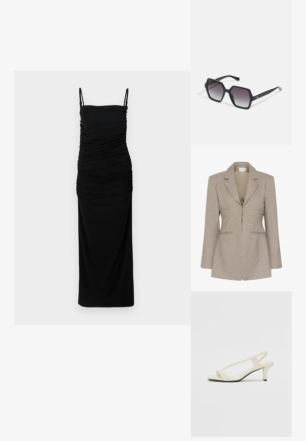 Beige tailored blazer with a zip closure, sharp lapels, and contrasting white stitching. Features two front pockets and a structured fit.; Black ruched maxi dress with slim shoulder straps and a fitted silhouette. Made of soft, smooth fabric with a slight stretch for comfort.; Beige block-heeled sandals with thin straps and a square toe. Smooth material with minimal detailing, designed for easy wear.; Black hexagonal sunglasses with gradient lenses, featuring a glossy finish and subtle branding on the temple. Durable plastic construction.