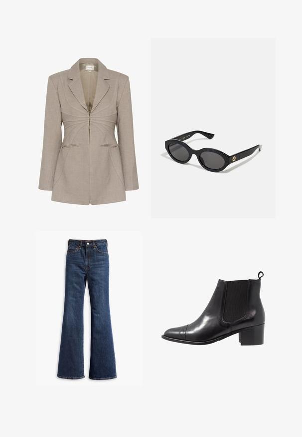 Beige skräddarsydd kavaj med dragkedja, skarpa slag och kontrasterande vita stygn. Har två framfickor och en strukturerad passform.; Vit skjorta med knappar, tillverkad av mjuk bomull med klassisk krage, som har en rak nederkant och beige knappar längs framsidan.; Höga mörkblå denimjeans med utställda ben, frontknapp och dragkedjestängning samt femficksdesign.; Svart läderankelboot med elastiska sidopaneler, rund tå och strukturerad blockklack. Utrustad med en looperad dragstång bak för enkel påtagning.; Svarta ovala solglasögon med mörka linser och blank plastbåge. Utrustade med en gyllene logotyp på bågen, vilket ger en snygg och modern design.; Brun faux mockasins toteväska med två robusta handtag, en strukturerad form och minimalistisk design, med subtila sömdekorationer.