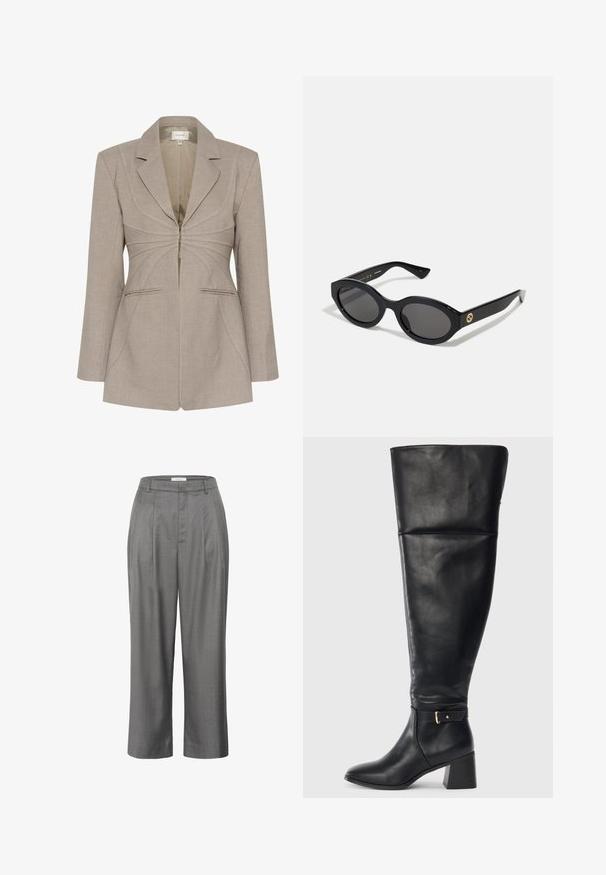 Beige op maat gemaakte blazer met een ritssluiting, scherpe revers en contrasterende witte stiksels. Beschikt over twee zijzakken en een gestructureerde pasvorm.; Langarm turtleneck top in een lichtbeige kleur. Gemaakt van een zachte, rekbare stof met een comfortabele pasvorm en een omgevouwen halslijn.; Grijze tailor-made broeken met een rechte pasvorm, met een geplooide voorkant, een gladde stofstructuur en een klassiek ontwerp van de tailleband.; Zwarte leren kniehoogte laars met blokhak en decoratieve band met gouden gesp boven de enkel, zijaanzicht op witte achtergrond.; Zwarte ovale zonnebril met donkere glazen en een glanzend kunststof frame. Heeft een gouden logo op de poot, dat een strakke en moderne uitstraling biedt.