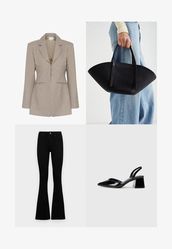 Bežani sako s prilagođenim krojem i zatvaranjem na zatvarač, oštrim reverima i kontrastnim bijelim šavovima. Ima dva prednja džepa i strukturirani kroj.; Set od dvije duge majice s dugim rukavima u bijeloj i crnoj boji. Rebrasta tekstura, okrugli izrez, uski kroj s blago raširenim rukavima.; Crne traperice viskog struka s kopčanjem na gumb i rajfeslusu, prednjim džepovima i širom nogavicama položene su ravno na bijeloj pozadini.; Crne lakirane kožne sandale s otvorenom petom i špicastim vrhom, s geometrijskom blok petom. Imaju elegantan, minimalistički dizajn i glatku teksturu.; Crna kožna torba jedinstvenog oblika ventilatora, s ravnim ručkama. Površina ima teksturu sličnu šljunku i minimalistički dizajn.