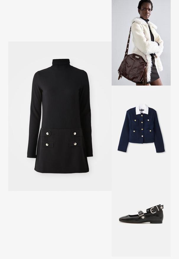 Mornarice skrajšana jakna iz teksturirane tkanine z belim ovratnikom, ki ima zlate gumbne zapore in štiri sprednje žepe.; Črna rebrasta obleka s turtleneck ovratnikom in dolgimi rokavi, ki ima oprijet trup in razširjen krilo z dvema sprednjima žepoma ter zlatimi gumbi.; Črne lakaste balerinke s kvadratnim prstom, trakovi okrog gležnja z zlatimi dodatki in ravnim podplatom. Gladka tekstura z minimalističnim dizajnom.; Rjav usnjen ročni torbica z teksturirano površino, gubastimi robovi in stranskimi resicami; ima odstranljiv naramni trak z kovinskimi detajli.