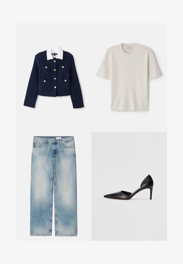 Giacca cropped blu navy in tessuto testurizzato con colletto bianco, dotata di chiusure a bottone dorato e quattro tasche frontali.; T-shirt crema a maniche corte con scollatura rotonda, realizzata in materiale morbido, caratterizzata da una linea dritta e dettagli minimi.; Jeans in denim azzurro chiaro a gamba larga con un design sbiadito, stile a cinque tasche e chiusura a bottone. Taglio dritto con dettaglio dell'orlo sfrangiato.; Décolleté nere in pelle con tacco alto, punta affusolata, lati aperti e una silhouette elegante. Presentano un tacco sottile e una suola rossa in evidenza.