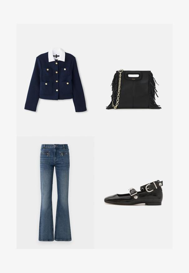Granatowa skórzana kurtka w fakturowanym materiale z białym kołnierzem, z złotymi guzikami i czterema przednimi kieszeniami.; Granatowa polo z prążkowanej tkaniny, z kołnierzykiem w kształcie klapy, krótkimi rękawami i dwoma przednimi kieszeniami zapinanymi na napy; wyróżniająca się białymi przeszyciami.; Niebieskie dżinsy z rozkloszowanym fasonem i średnim stanem, z kieszeniami z przodu i z tyłu oraz delikatnym wyblakłym efektem.; Czarne lakierowane baleriny z kwadratowym noskiem, z paskiem na kostkę z metalowymi elementami w kolorze srebrnym oraz płaską podeszwą. Gładka textura i minimalistyczny design.; Czarna skórzana torebka na ramię z frędzlami, złotym łańcuszkiem oraz wyciętym uchwytem. Posiada umieszczone na przodzie logo.