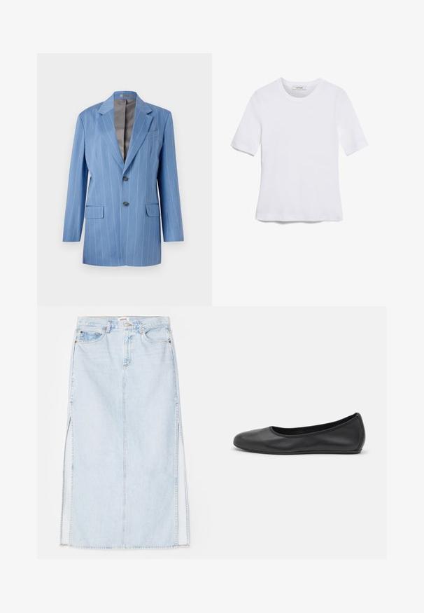 Svetlo modri blejzer s potiskom v črtice, z dvema sprednjima žepoma, dvema gumboma in ovratnikom z nazobčanim robom. Ima gladko, sivo notranjo podlogo.; Bela kratka majica s kratkimi rokavi iz rebrastega materiala. Okrogla ovratnica, običajen kroj in subtilni šivi. Brez vzorcev ali grafik.; Svetlo modra jeanska maxi krilna obleka s ravnim krojem, ki ima stranske odprtine in pet žepov. Izstopajoče šivanje in kovinski gumb za zapiranje.; Črne usnjene balerinke z zaobljenim nosom, gladko teksturo, minimalnimi šivi in fleksibilno zasnovo podplata.