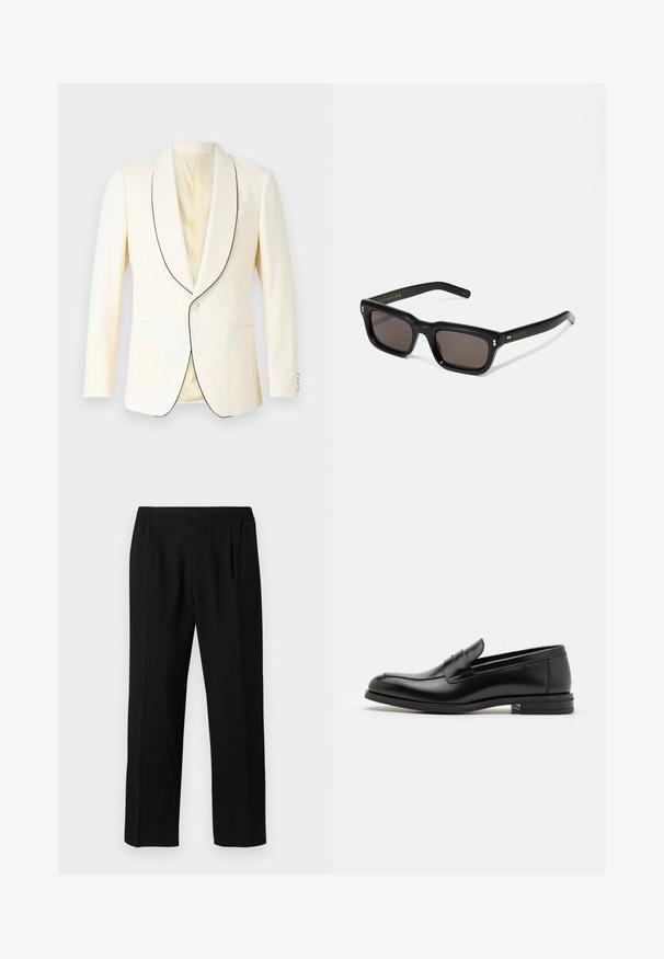 White blazer with black piping along the shawl collar, single button closure, and one chest pocket. Smooth fabric and tailored fit.; Long-sleeve white shirt made of cotton, featuring a button-down collar, front pocket, and regular fit. Textured fabric with a smooth surface.; Black trousers made of a smooth fabric, featuring an elastic waistband, straight leg design, and two front pleats for added detail.; Black leather loafers with a smooth texture, rounded toe, and a decorative strap across the vamp. Low stacked heel, minimalist design.; Black rectangular sunglasses with dark lenses, thick plastic frame, gold accents on temples, and brand logo engraved on the arm.