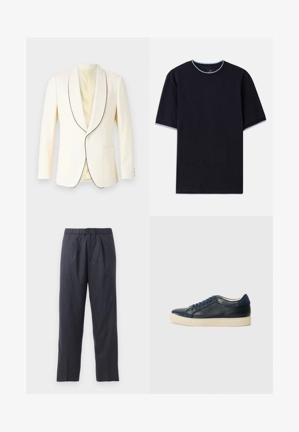 Balta žakete ar melnu apdari apkakles daļā, viens pogas aizdare un viena krūšu kabata. Gluda auduma un pielāgota piegriezuma.; Tumši zils īsām piedurknēm T-krekls ar apaļu kakla izgriezumu, kura apkaklēs un piedurknēs ir gaismas zilas akcenti. Izgatavots no mīksta kokvilnas auduma.; Tumši tumši zili bikses, kas izgatavotas no mīksta auduma ar krokām priekšpusē un elastīgu jostasvietu. Iespējama pogas aizdare un taisna kāju griezums.; Tumši zilā ādas sporta apavi ar krēmkrāsas gumijas zoli, ar ziliem šņorēm un gludu tekstūru. Apaļa pirksta forma un minimālisma dizains.