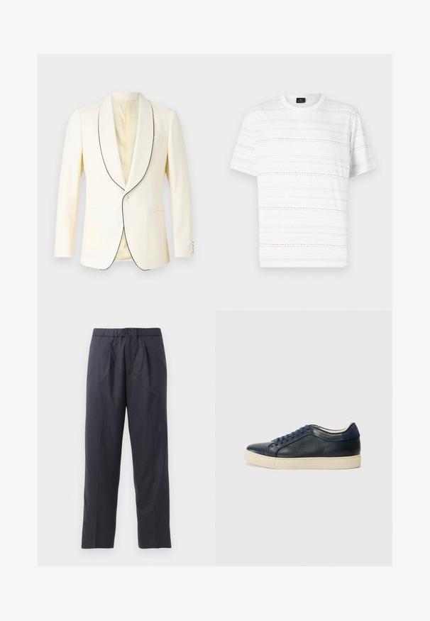 Valge bleiser musta äärepitsiga aukkaela juures, ühe nupuga kinnitamine ja üks rinna tasku. Sile kangas ja kohandatud lõige.; Valge lühikeste varrukatega T-särk, millel on horisontaalsed katkised jooned helesinisest, roosast ja mustast. Klassikaline ümmargune kaelus.; Tumed sinised püksid pehmest kangast, mille esiosal on volditud disain ja elastne vöökoht. Varustatud nupuga sulgemisega ja sirge lõikega.; Tumedat sinised nahast spordijalatsid kreemja kummitaldiga, siniste paeltega ja siledast tekstuurist. Ümar varvas ja minimalistlik disain.