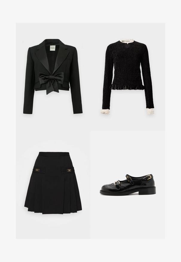 Juodas trumpas švarkas iš tekstūruoto audinio, turintis satino atvartos ir didelį satino mazgą priekyje. Kairėje pusėje vienas kišenės detalė.; Juodas ilgomis rankovėmis viršus su tekstūruotu audiniu, raukiniais apatinėje dalyje ir baltais raukiniais prie apykaklės ir rankogalių. Yra centrinis užsegimas su kilpele.; Juoda klostuota sijonas su auksiniais akcentais. Yra šoninės kišenės su logotipo detalėmis, pagamintas iš lygaus audinio. A formos siluetas.; Juodi odiniai batai su brogučių detalėmis, turintys dvi sagtis, apvalų nosį ir žemą kulną. Lygus paviršius su blizgiu finišu.