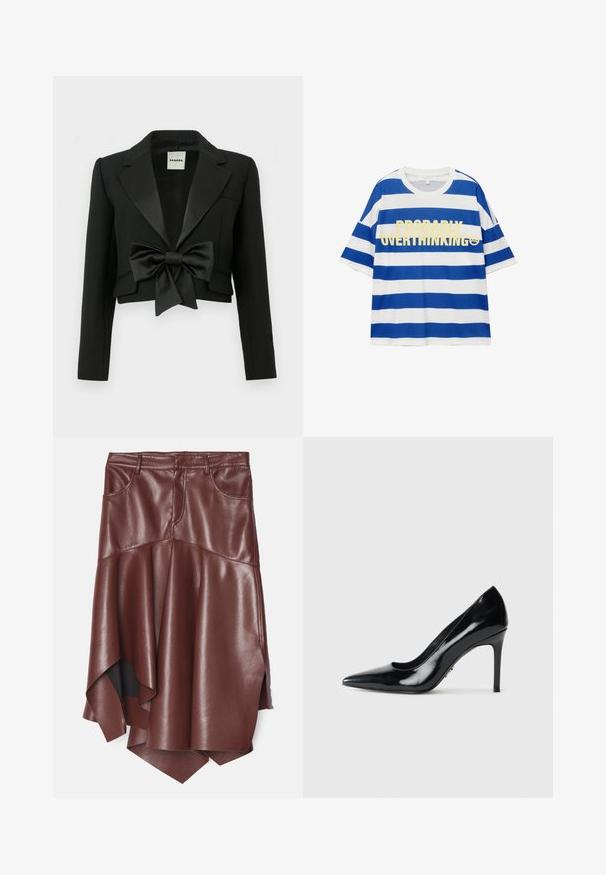 Czarna krótka kurtka z teksturowanej tkaniny, z satynowym klapem i dużą satynową kokardą z przodu. Szczegół z jednym kieszeniem po lewej stronie.; Bawełniana koszulka z niebieskimi i białymi poziomymi paskami. Posiada wyraźny żółty napis "PRAWDOPODOBNIE PRZEMYŚLAM ZA DUŻO" oraz grafikę uśmiechniętej buźki. Krótkie rękawy.; Brąskowa spódnica z ekoskóry z rozkloszowanym, asymetrycznym dołem, z dwiema przednimi kieszeniami i gładką, błyszczącą fakturą.; Czarne lakierowane szpilki o szpiczastym nosku z cienką szpilką na jednolitym białym tle.
