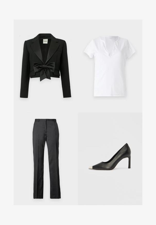 Giacca nera cropped realizzata in tessuto testurizzato, con revers in satin e un grande fiocco in satin sul davanti. Dettaglio con tasca singola sul lato sinistro.; T-shirt bianco in cotone con maniche corte, vestibilità comoda, e scollatura a V con una pettorina decorativa con cinque bottoni.; Pantaloni neri su misura realizzati in un tessuto morbido. Presentano un design a gamba dritta, vita piatta e dettagli di piega sottili.; Scarpa con tacco alto in pelle nera con punta affilata e cappuccio metallico argento. Presenta una finitura liscia e un tacco sottile di 10 cm.