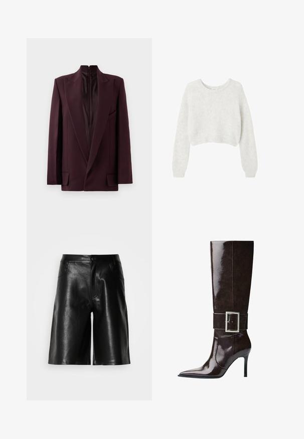 Burgundy blazer med hög krage, enkel dragkedjestängning, strukturerade axlar och framfickor. Slät textur och skräddarsydd passform.; Grå kortärmad tröja gjord av mjukt, fluffigt material. Har långa ärmar och en rund halsringning, med en slät, lätt textur.; Kortärmad, ljuskrämfärgad topp med rund hals, tillverkad av mjukt tyg. Har en avslappnad passform och slät textur, vilket gör den lämplig för lager-på-lager-stil.; Svarta lädershorts med en smidig yta, med framfickor, dragkedja och skräddarsydd passform.; Mörkbrun knähög läderstövel med spetsig tå, stilettklack och bred rem med stort rektangulärt silverspänne.