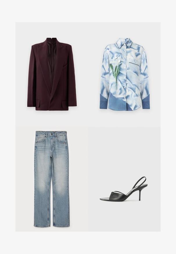 Burgundia bleiser kõrge kraega, ühe tõmblukuga, struktureeritud õlgade ja eespooltaskutega. Sile tekstuur ja kohandatud lõige.; Hele sinine satiinist särg, millel on lilleline muster. Omab taskut, teravat kraed ja kontrastset musta äärt tasku juures.; Heledad sinine denimitõus, sirge lõikega, millel on kõrge talje, viie tasku disain ja õrn fades reitel ja põlvedel.; Mustaid nahk slingback kontsad terava nokaga, peene pahklu rihmaga ja stilettokandaga. Omab sõlme detaili vampi peal.