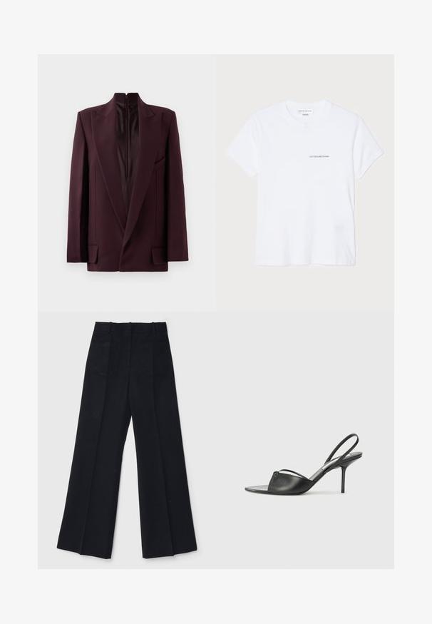 Burgundinė švarkas su aukštu apykakle, vienu užtrauktuku, struktūruotais pečiais ir priekinėmis kišenėmis. Lygus paviršius ir pritaikytas fasonas.; Balta medvilninė marškinėliai su trumpomis rankovėmis, apvaliu iškirpimu ir mažu juodu "VICTORIA BECKHAM" logotipu ant krūtinės. Minimalistinis dizainas.; Juodi plačių kojų kelnes, pagamintas iš lygios medžiagos, su aukštu liemeniu, dviem užpakalinėmis kišenėmis ir subtiliomis priekinėmis raukšlėmis, suteikiančiomis papildomą formą.; Juodos odinės slingback aukštakulnės bateliai su smailiu priekiniu galu, plona kulkšnies juostele ir stiletto kulnu. Papuošti mazginio detalė vampyro dalyje.