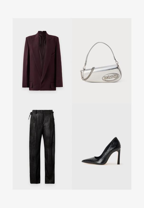 Bordowy żakiet z wysokim kołnierzem, pojedynczym zapięciem na zamek, strukturalnymi ramionami oraz przednimi kieszeniami. Gładka tekstura i dopasowany krój.; Czarny, długi rękaw, krótki top wykonany z teksturowanej tkaniny, z dopasowanym krojem i zbieranym wykończeniem przy biuście.; Czarnie, wysokiej talii spodnie wykonane z teksturowanego materiału. Posiadają proste nogawki, zaszewki oraz regulowany sznurek w talii.; Czarne szpilki z ostrym noskiem, pokryte teksturą skóry krokodyla, charakteryzujące się eleganckim wzornictwem, wysokim obcasem w stylu stiletto oraz gładkim czarnym wnętrzem.; Srebrna metaliczna torebka o zaokrąglonym trójkątnym kształcie, z logo, łańcuszkowym paskiem i gładką teksturą. Zamek błyskawiczny z boku.
