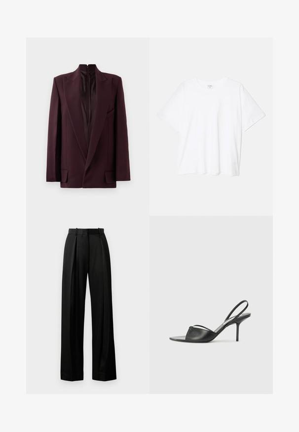 Sacou bordeaux cu guler înalt, închidere cu fermoar pe o singură parte, umeri structurați și buzunare frontale. Textură netedă și croială ajustată.; Tricou alb din bumbac, cu mâneci scurte, guler rotund, croi lejer și tiv cusut. Eticheta este vizibilă pe interiorul gulerului.; Pantaloni negri cu picior larg, confecționați dintr-un material ușor, cu o croială adaptată, având pliseuri frontale și o talie plată cu bucle.; Cizme cu toc înalt din piele neagră, cu vârf ascuțit, curea subțire la glezne și toc stiletto. Prezintă un detaliu legat pe vamp.