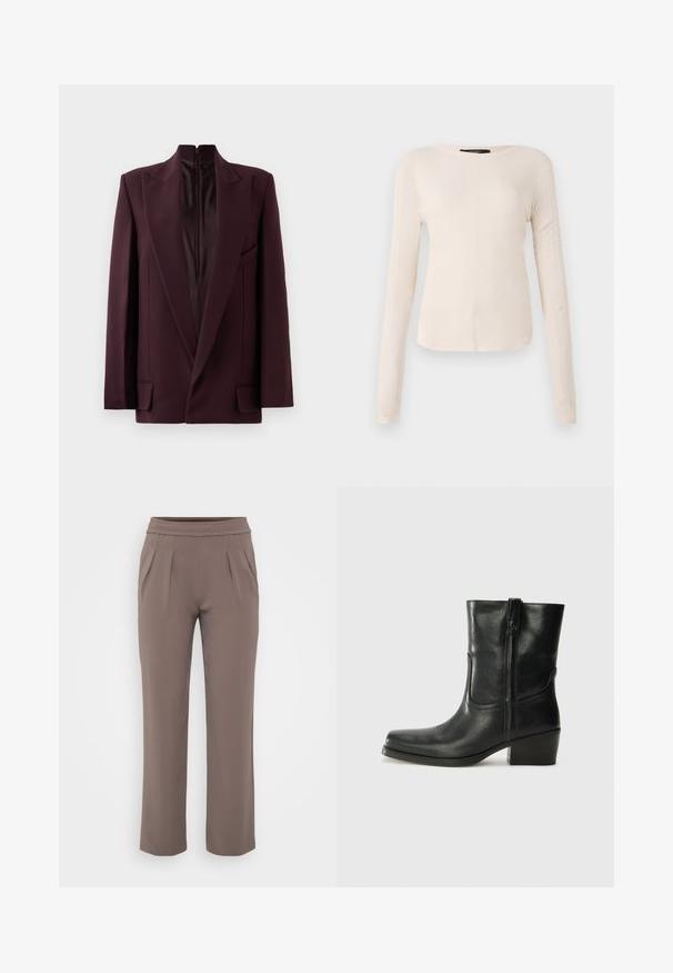 Burgundy blazer with a high collar, single zip closure, structured shoulders, and front pockets. Smooth texture and tailored fit.; Long-sleeve, light beige top with a round neckline. Made of soft fabric, features a central seam and slightly curved hem. No visible hardware.; Taupe loose-fit trousers with elastic waistband and front pleats, made from smooth fabric.; Black leather ankle boot with a rounded toe, block heel, side zipper, and stitching accents on the vamp. Smooth texture, classic design.