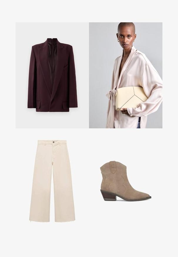 Bordowy żakiet z wysokim kołnierzem, pojedynczym zapięciem na zamek, strukturalnymi ramionami oraz przednimi kieszeniami. Gładka tekstura i dopasowany krój.; Jasnoróżowy top na ramiączkach wykonany z miękkiego, elastycznego materiału. Posiada okrągły dekolt i wąskie ramiączka, a także gładką teksturę i dopasowany krój.; Spodnie o szerokich nogawkach w jasnym beżowym kolorze z bawełny, z zapięciem na guzik, subtelnym postrzępionym dołem oraz luźnym krojem.; Beżowe zamszowe botki za kostkę z ostro zakończonym noskiem, zakrzywionymi przeszyciami i rozkładaną podeszwą. Posiadają pętelkę ułatwiającą zakładanie.; Kremowa torebka strukturalna z kontrastowymi czarnymi szwami, z geometrycznym wzorem. Gładka faktura z złotymi akcentami.