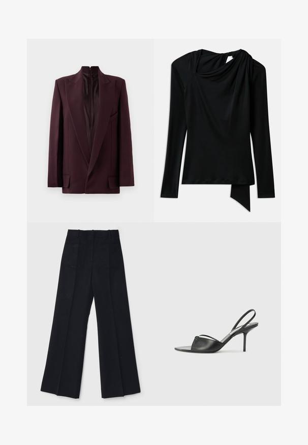 Burgundia bleiser kõrge kraega, ühe tõmblukuga, struktureeritud õlgade ja eespooltaskutega. Sile tekstuur ja kohandatud lõige.; Pikad varrukad must pluus sujuvast kangast, millel on volditud kaelus, ebatasane helia ja lõhiku detail taga.; Mustad laiad püksid sujuvast kangast, kõrge vöökoht, kaks tagataskut ja peened eesplekid lisatud kuju jaoks.; Mustaid nahk slingback kontsad terava nokaga, peene pahklu rihmaga ja stilettokandaga. Omab sõlme detaili vampi peal.