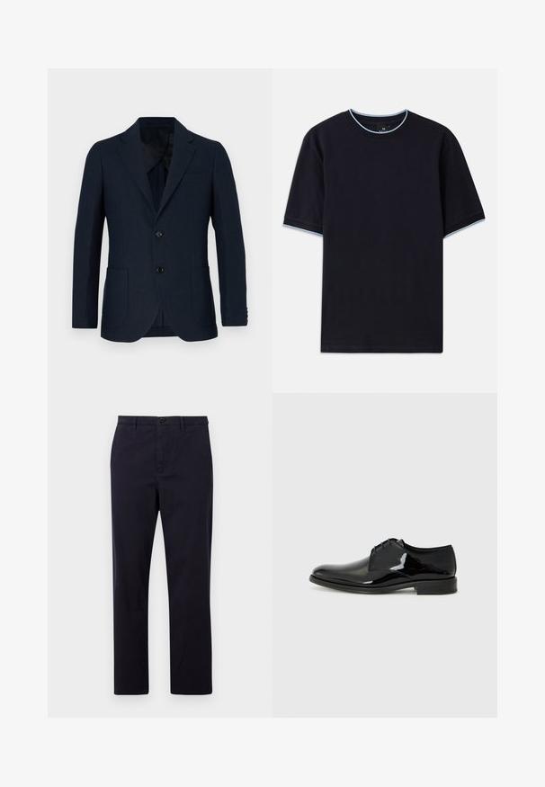 Marineblazer mit taillierter Passform, zwei Fronttaschen und einer Ein-Knopf-Verschluss. Glatter Stoff mit feiner Textur und Reverskragen.; Dunkelblaues kurzärmeliges T-Shirt mit Rundhalsauschnitt, das an Kragen und Ärmeln mit hellblauen Akzenten versehen ist. Hergestellt aus weichem Baumwollstoff.; PS Paul Smith TROUSER - Chino - dark blue; Schwarze Dressschuhe mit einem glänzenden Lackleder-Finish, runder Zehenform und externen Nähten. Sie verfügen über einen niedrigen Absatz und eine Schnürung.