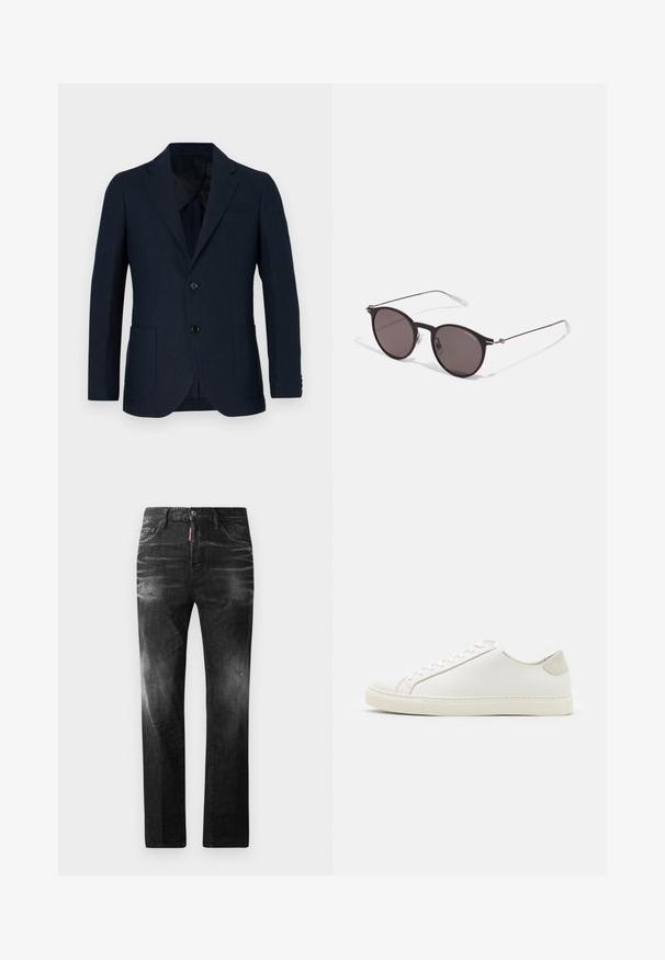 Blazer azul marino con un corte ajustado, dos bolsillos frontales y cierre de un solo botón. Tejido suave con una textura sutil y solapas con muesca.; Camiseta blanca de manga corta en tejido de algodón con cuello redondo. Diseño simple sin patrones ni acentos. Textura suave.; Jeans de mezclilla negra con un corte recto. Presentan áreas desgastadas, un ligero desgasto, diseño clásico de cinco bolsillos y cierre de botón.; Zapatilla blanca de cuero con una superficie suave, punta redonda y diseño minimalista. Presenta acentos en beige en el talón y una suela de goma.; Gafas de sol redondas negras con lentes oscuros y brazos metálicos delgados. Incluye puntas de varilla transparentes y acentos plateados en la bisagra. Diseño minimalista.