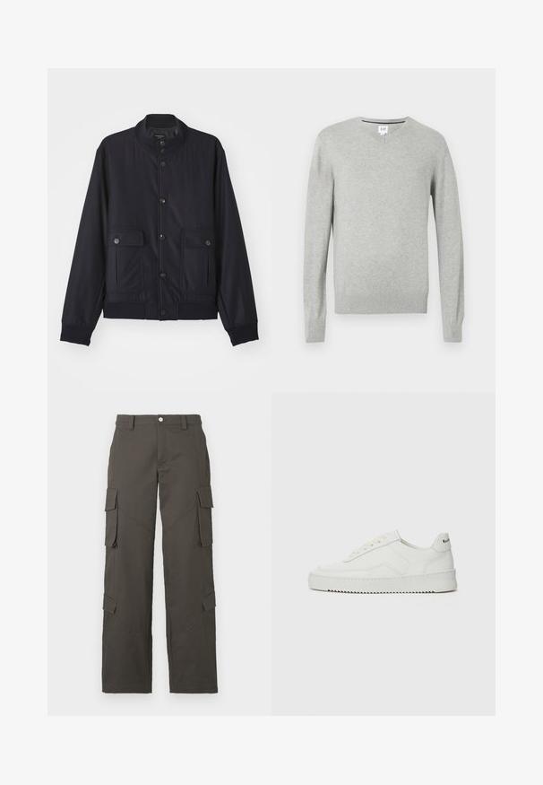 Mörkblå jacka i mjukt material, med hög krage, framknäppning, två bröstfickor samt ribbade nederkanter och ärmslut.; Ljusgrå tröja, v-halsdesign, långa ärmar, ribbade cuffar och fåll, mjuk textur. Märkesetikett placerad vid halslinningen.; Vit bomullströja med rund halsringning, korta ärmar och en avslappnad passform. Slät textur, inga mönster eller dekorationer.; Mörkgrå raka cargobyxor med knappstängning och fyra fickor med lock, två på låren och två nära vaderna.; Vita lädersneakers med en jämn yta, rund tå, platta snörningar och en strukturerad sula. Har en diskret logotyp på hälen.