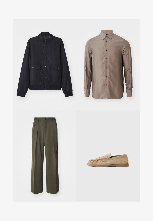 Tumesinine jakk, mis on valmistatud pehmest materjalist, kõrgema kraega, ees nuppude sulgemisega, kahe rinnatasku ja soonikkoes helkuri ning varrukatega.; Pikkade varrukatega särk taupe värvuses, valmistatud siledast kangast, millel on nööbid ees ja tumedad nööbid, ning rinnas on väike logo.; Filippa K WIDE TROUSERS - Püksid - driftwood; Beige nubukist slip-on loafers, mille palake kujundusega, millel on lame talla ja dekoratiivne rihm vöö vahel. Sile tekstuur.