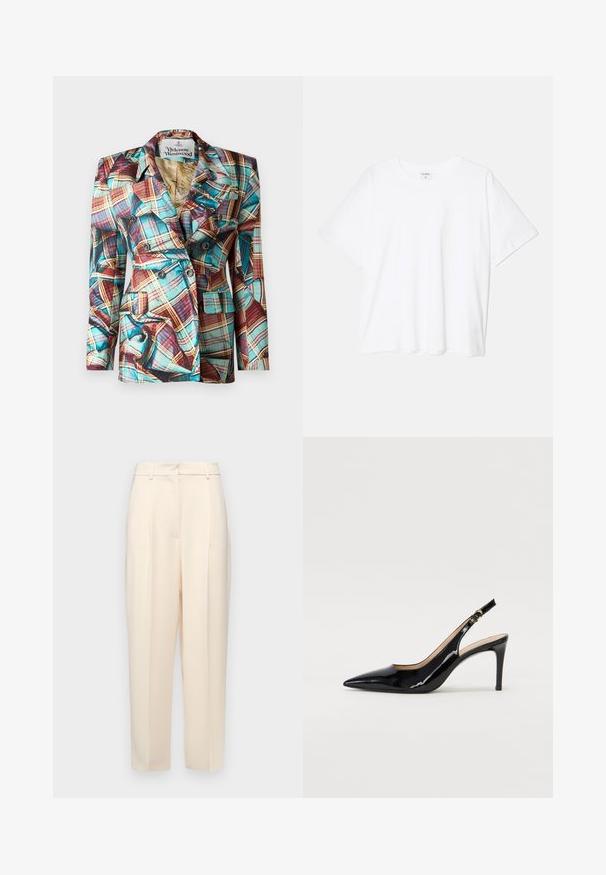 Kaksirivinen bleiseri, jossa on ruutukuosi punaisessa, keltaisessa ja turkoosissa, terävillä rakennekauluksilla, kahdella etutaskulla ja nappikoristeilla.; Valkoinen puuvillapaita lyhyillä hihoilla, pyöreällä pääntiellä, rentoa tyyliä ja ommeltu helma. Tunniste näkyvissä sisäkauluksessa.; Beige housut, jotka on muotoiltu suoraan, edessä on laskoksia, sileä pinta ja keskikorkea vyötärö. Ei näkyviä taskuja.; Musta lakattu nahkainen slingback-korkokenkä, jossa on terävä kärki, kapea korko ja hillitty leikkaussuunnittelu. Varressa on kultainen solki.