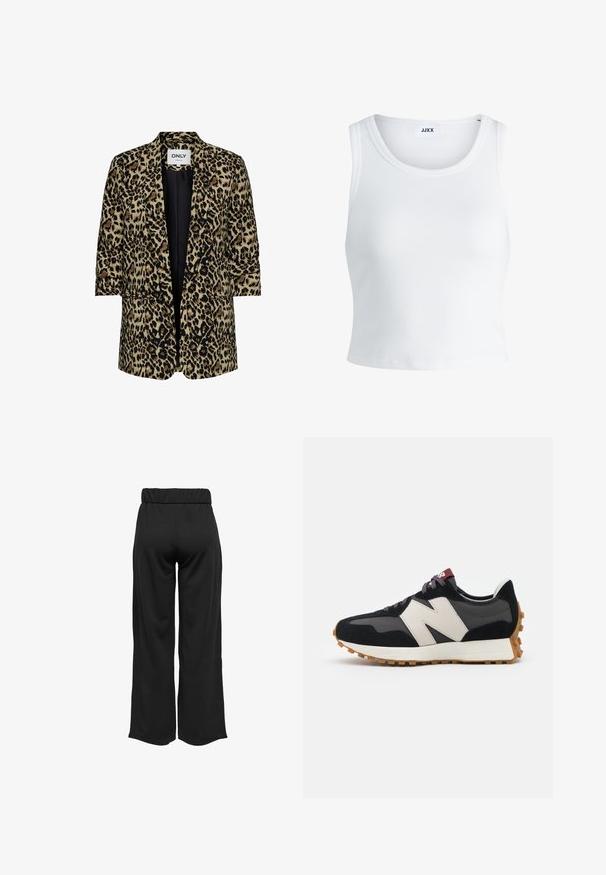 Leopardimustriga jakk beeži, musta ja pruuni värviga. Avatud ees oleva disainiga, lühikeste varrukatega ja kaks esist taskut. Sile kangasteksts.; Valge ribakujuline tank top, millel on ümmargune kaelus, varrukateta disain ja lühike pikkus. Silt ütleb "JJXX." Sile kangast tekstuur.; Mustad, laiad püksid elastse vöökohtaga, valmistatud siledast kangast. Omab lihtsat disaini, ilma taskute või nähtavate õmbluste detailideta.; Mustmust ja halli nubukist tennisajal on suur kreemjas "N" logo, lilla paelad ja tekstureeritud kummist välispohja.