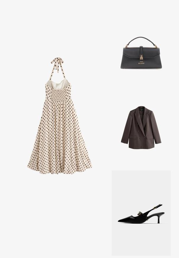 Sacou maro cu două rânduri de nasturi, guler tăiat, două buzunare frontale și detalii cu nasturi, realizat dintr-un material texturat și neted.; O rochie fără mâneci, de culoare crem, prezintă puncte negre, un sânu îngrijit și o cravată la gât, cad pe o linie de margine evazată.; Tocuri din piele lacuită negre cu vârf ascuțit, prezentând accente cu două catarame aurii și un toc subțire de tip stiletto.; Geantă de mână din piele ecologică neagră, cu o formă structurată, accesorii aurii, mânere superioare și un închizător frontal cu logo-ul "GUESS".