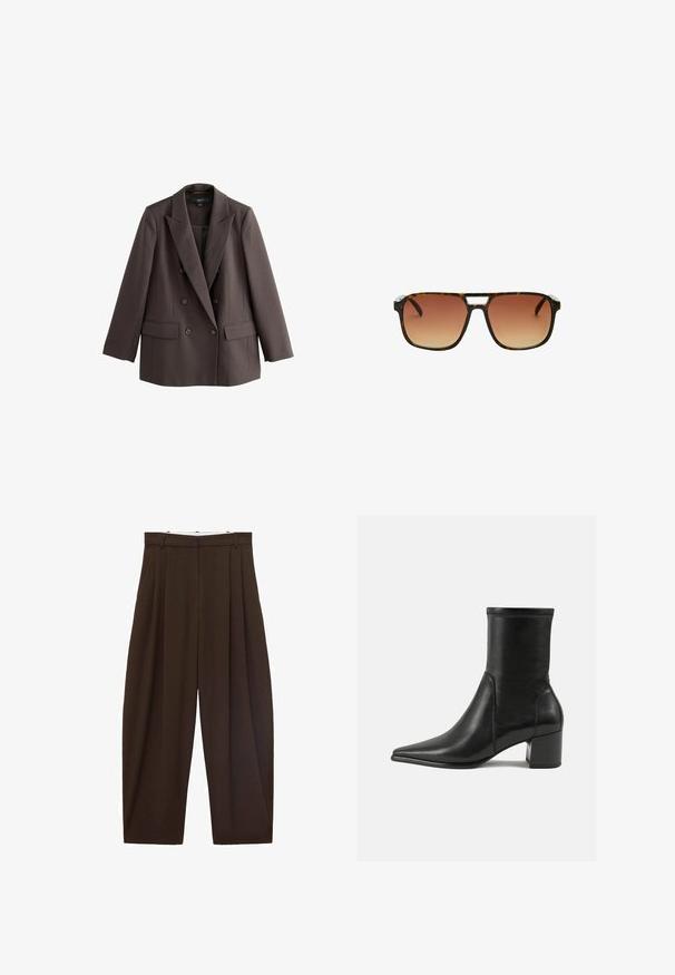 Blazer marrone doppiopetto con revers a scapo, due tasche frontali e dettagli con bottoni, realizzato in un tessuto liscio e texturizzato.; Blusa a maniche lunghe a righe verticali beige e bianche con frontale a bottoni e colletto a fiocco annodato, orlo arrotondato e polsini aderenti.; Pantaloni marroni a vita alta con pieghe, realizzati in tessuto morbido. Vestibilità ampia, design a gamba dritta, dotati di passanti per cintura e chiusura con zip.; Stivale alla caviglia nero in pelle liscia, con punta appuntita, tacco a blocco e cuciture raccolte distintive lungo il bordo superiore.; Occhiali da sole tartarugati con montatura rettangolare, lenti marroni sfumate e un distintivo accento argentato sul ponte.; Borsa in suede nera con doppi manici superiori, design strutturato, dettagli di cucitura prominenti e una silhouette spaziosa per un uso versatile.