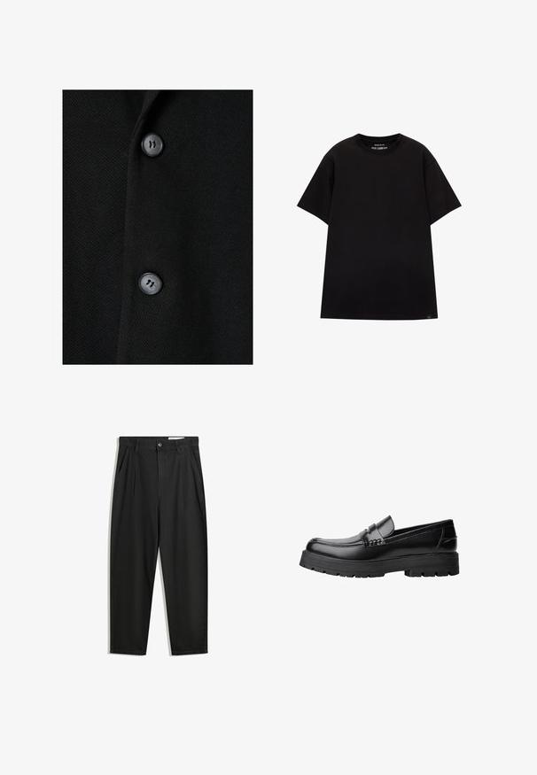 Indumento in tessuto nero con una superficie liscia, caratterizzato da due bottoni neri e da un delicato motivo tessuto. Progettato con una forma classica e sartoriale.; PULL&BEAR JOIN LIFE - T-shirt basic - black; Pantaloni in cotone neri con una vestibilità rilassata, dotati di una vita classica, pieghe frontali e tasche laterali. Tessuto liscio senza fantasie.; Mocassino in pelle nera con suola spessa e tassellata e fascia decorativa sulla parte superiore, mostrato in profilo sinistro su sfondo bianco.