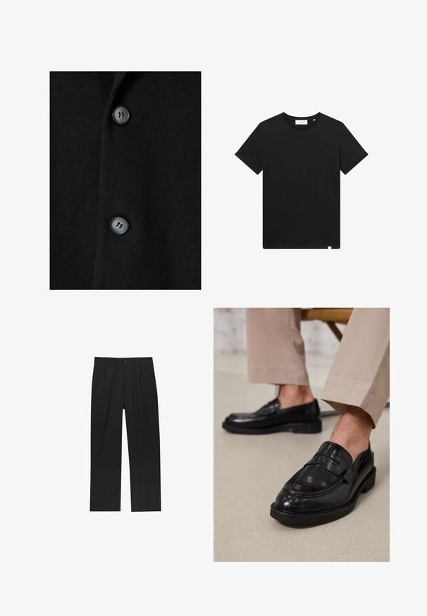 Zwart stoffen kledingstuk met een gladde textuur, voorzien van twee zwarte knopen en een subtiel geweven patroon. Ontworpen met een klassieke, getailleerde vorm.; Zwarte T-shirt met korte mouwen van katoen, met een ronde hals en een klein logo geborduurd op de borst. Soepele textuur, normale pasvorm.; Zwarte broeken met een recht model, gemaakt van een gladde stof. Voorzien van een voorplooien en een enkele knoopsluiting bij de taille.; Zwarte leren loafers met een gladde afwerking, voorzien van een decoratieve band en contrasterende stiksels, gecombineerd met beige broeken.