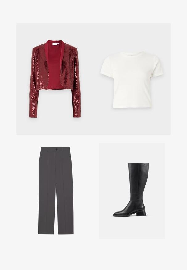 Burgundy cropped jacket covered in sequins, featuring a shawl collar and long sleeves. Smooth inner lining with no fastenings.; Short white t-shirt made of cotton with short sleeves, a round neckline, and a straight hem, featuring a smooth texture and minimal design.; Grey trousers with a straight leg design, featuring two side pockets and a button closure. Smooth fabric with no visible patterns or accents.; Knee-high black leather boot with a rounded toe and low, block heel. Features a smooth texture and minimal stitching detail.