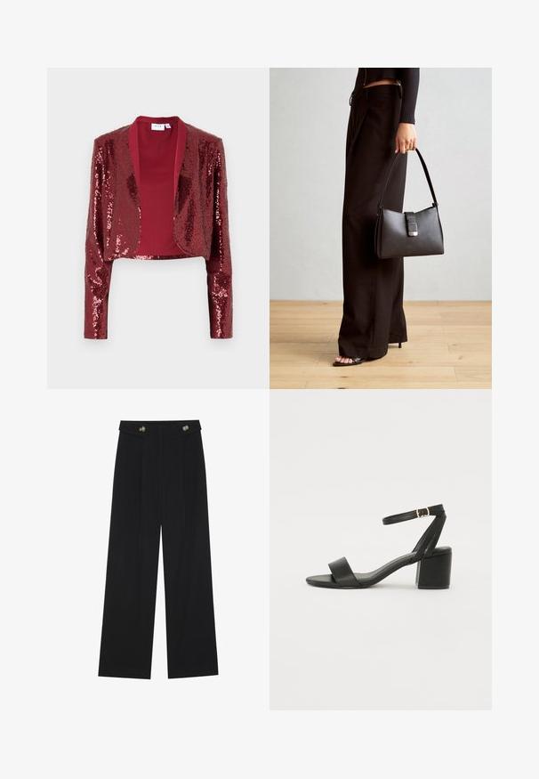 Burgundijas krāsas īsais žakets, kas pārklāts ar mirdzošiem sekvīniem, ar šallītes apkakli un garām piedurknēm. Gluda iekšējā oderējums bez aizdariem.; Balts bez piedurknēm tops ar apaļu kakla izgriezumu. Izgatavots no gludas auduma, tam ir brīvs piegriezums un minimālistisks dizains. Nav nekādas rakstainības vai akcentu.; Melnas platās bikses ar augstu jostasvietu, pogu detaļām uz jostas un priekšējām krokām.; Melnas papēžu sērijas sandales ar gludu ādas virsmojumu, atvērtu pirkstu, platām priekšējām siksnām un regulējamu potītes siksnu ar zelta sprādzi.; Melnā somiņa ar strukturētu formu, gludu tekstūru un metālu sprādzi. Saskaņota ar platām melnām biksēm un sandālēm ar atvērtu purngalu uz koka grīdas.