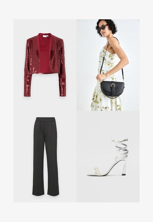 Burgundijas krāsas īsais žakets, kas pārklāts ar mirdzošiem sekvīniem, ar šallītes apkakli un garām piedurknēm. Gluda iekšējā oderējums bez aizdariem.; Balta blūze ar atvērtām plecu daļām un plēktām, strukturētām kakla izgriezumiem, kā arī pieguļošu modeli. Izgatavota no mīksta auduma ar gludu tekstūru.; Melni taisni bikses ar elastīgu jostu, priekšējiem krokām, mīkstu audumu un bez redzamām rakstu vai aparatūras detaļām.; Sudrabaini augstpapēžu sūna ar spīdīgu siksnu dizainu, kurā ir pērlēm līdzīgs akcents un spirālveida potītes siksna drošai pieguvei.; Melnas ādas rokassoma ar izliekta formu, noņemamu siksnu un zelta aksesuāriem. Somai ir vāciņš ar sprādzes detaļu.