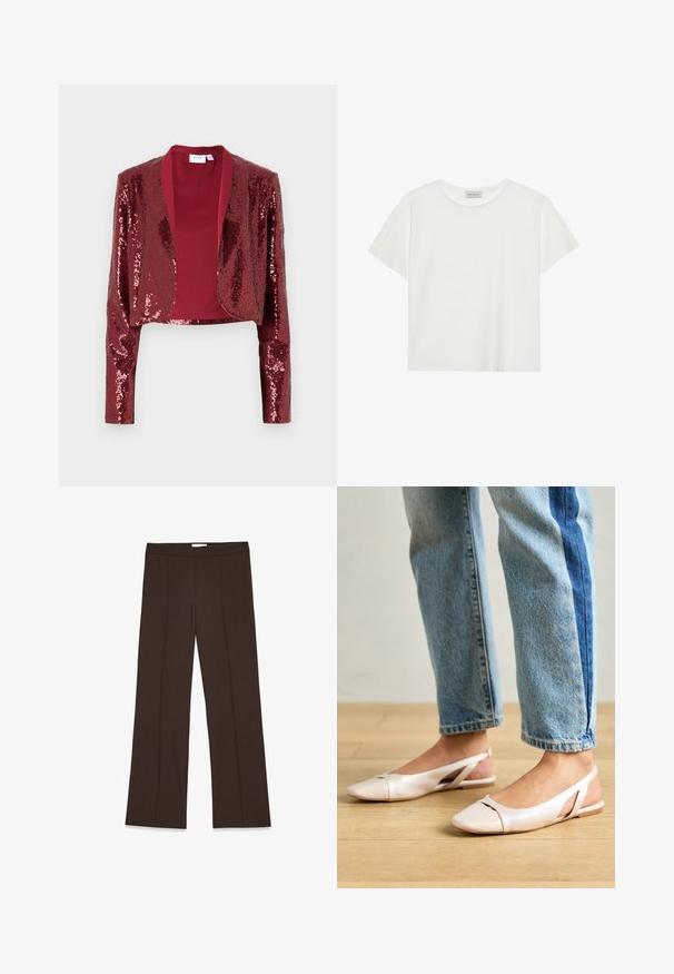 Burgundijas krāsas īsais žakets, kas pārklāts ar mirdzošiem sekvīniem, ar šallītes apkakli un garām piedurknēm. Gluda iekšējā oderējums bez aizdariem.; Balts īsām piedurknēm T-krekls, kas izgatavots no mīksta kokvilnas. Tam ir apaļš izgriezums un brīvs piegriezums. Tīrs dizains bez redzamām rakstiem vai akcentiem.; Brūni, platai kājas bikses, izgatavotas no gludas auduma; ar priekšām krokām un standarta jostu. Minimalistisks dizains bez redzamām aizdarinājumiem.; Bālti rozā siksniņu dzīvokļi ar smailu purngalu, izgatavoti no gludas ādas līdzīgās materiāla. Iezīmē izgriezumu detaļas sānos un platu papēdi.