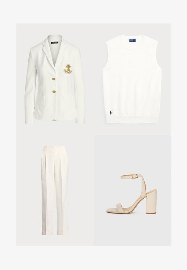 White blazer made of textured fabric with a tailored fit, featuring gold buttons and a decorative gold embroidered logo on the pocket.; White sleeveless sweater made of smooth cotton, featuring a ribbed hem and a small navy logo on the bottom left. Simple design, no patterns.; Polo Ralph Lauren HEMP WIDE LEG PANT - Trousers - nevis; Beige high-heeled sandal with a square toe, thin ankle strap, and block heel. Smooth leather texture with a gold buckle detail.