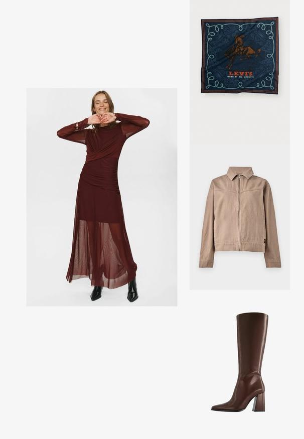 Giacca in cotone beige con colletto, zip frontale e maniche lunghe. Presenta un tessuto strutturato e una piccola etichetta con logo all'orlo.; Lungo abito bordeaux realizzato in tessuto trasparente e morbido, con un corpino avvolgente, dettagli arricciati e maniche lunghe trasparenti.; Stivale marrone in pelle alto fino al ginocchio con punta a punta e tacco medio spesso, mostrato di profilo su sfondo bianco.; Foulard di seta blu navy con una grafica di un cavaliere a cavallo marrone, un motivo decorativo di corda blu e il testo "LEVI'S INDOSSATO DA TUTTI I COWBOY" in rosso.