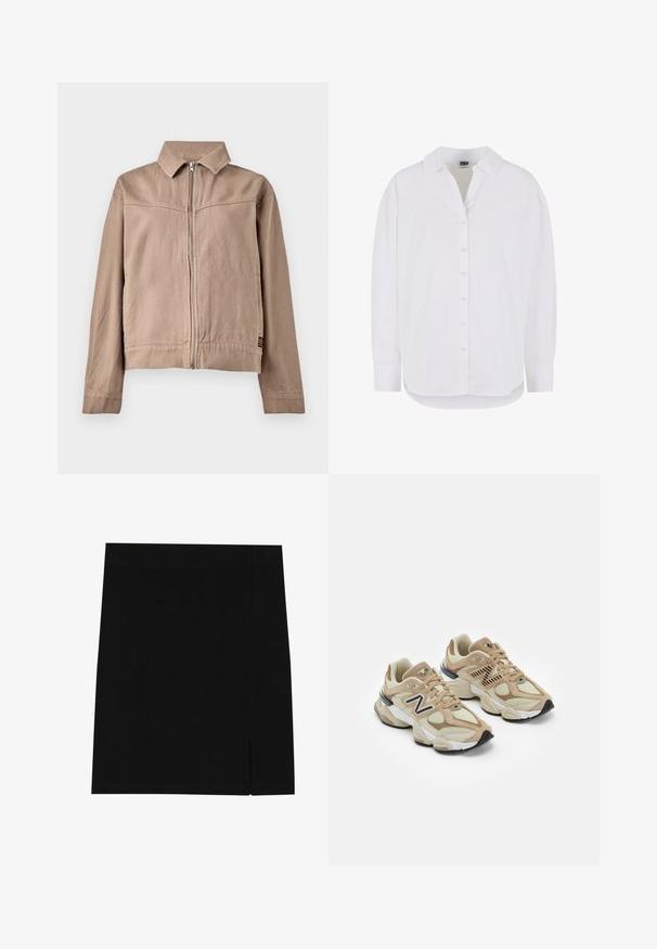 Beige Baumwolljacke mit Kragen, Frontreißverschluss und langen Ärmeln. Verfügt über einen strukturierten Stoff und ein kleines Logotag am Saum.; Langärmliges weißes Hemd aus Baumwolle mit durchgehender Knopfleiste, klassischem Kragen und abgerundetem Saum. Es hat einen lässigen Schnitt und keine Muster.; Schwarzer Minirock aus weichem Stoff mit figurbetontem Design, ausgestattet mit einem leichten Schlitz an der Seite für zusätzlichen Details.; Beige Sneaker aus Mesh- und Wildledermaterialien. Mit einem schwarzen Logo und strukturierten Akzenten. Dicke weiße Zwischensohle und schwarze Gummisohle.