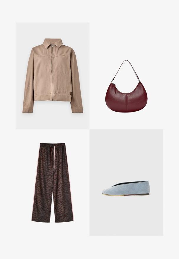 Veste en coton beige avec col, fermeture éclair sur le devant et manches longues. Présente un tissu texturé et une petite étiquette avec logo à l'ourlet.; Débardeur sans manches en coton ribbé bleu clair avec un col rond et un petit logo brodé au centre. Texture lisse, silhouette ajustée.; Pantalons à jambes larges en imprimé léopard marron et noir, avec une taille élastique dotée de cordons de serrage roses et de rayures roses sur les côtés. Tissu à la texture lisse.; Chaussure slip-on en denim de couleur bleu clair avec une texture lisse, un bout en amande et une semelle noire plate. Design minimaliste avec un profil bas.; Sac à main en cuir bordeaux avec une forme incurvée. Dispose d'une bandoulière unique et d'une fermeture éclair sur le dessus, mettant en valeur une surface lisse et texturée.; Collier en argent avec un pendentif ovale lisse présentant un visage souriant gravé orné d'accents verts. La chaîne est composée de maillons entrelacés.