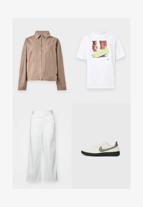 Jachetă din bumbac bej, cu guler, fermoar în față și mâneci lungi. Are un material texturat și o etichetă mică cu logo la tiv.; Tricou alb din bumbac, prezentând un grafic cu picioare încălțate în ghete Nike galbene cu accente albastre, asociat cu o brățară pe încheietura stângă.; Pantaloni largi albi din bumbac, cu o textură fină, croi drept, buzunare frontale și tiv curat.; Nike Sportswear FIELD GENERAL - Sneakers low - off-white/black